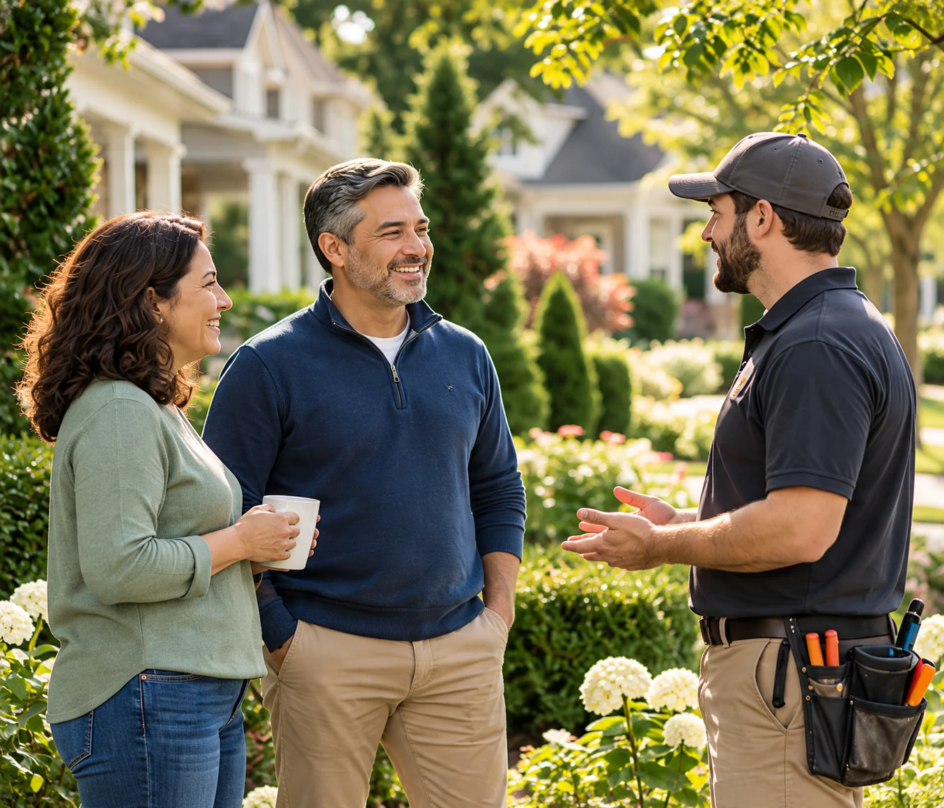 Illustrative scene of neighbors talking with a local service professional outdoors.